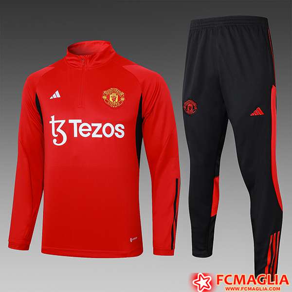 Nuova Insieme Tuta Calcio Manchester United Bambino Rosso/Nero 2023/2024  Basso Prezzo